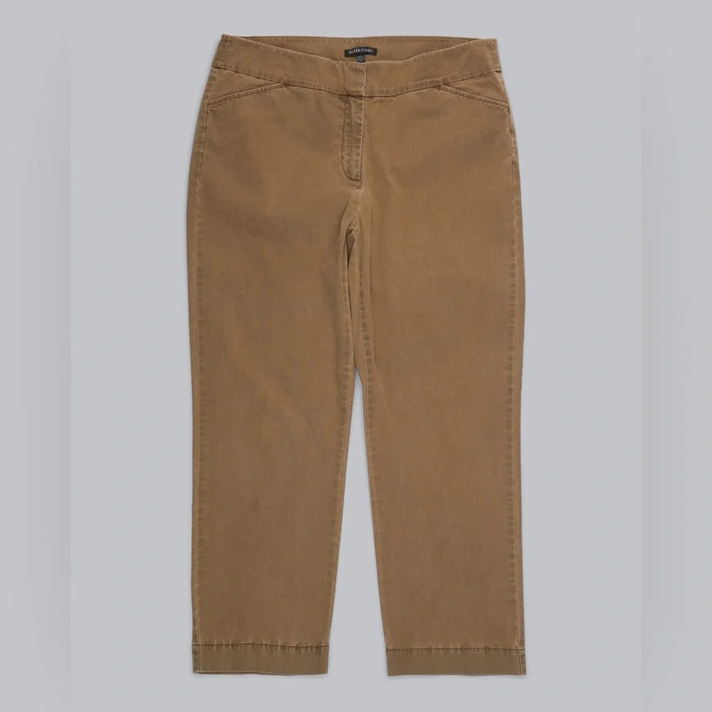 Eileen Fisher Straight Leg Chino Crop Pants Dark Khaki Stretch Cotton Twill